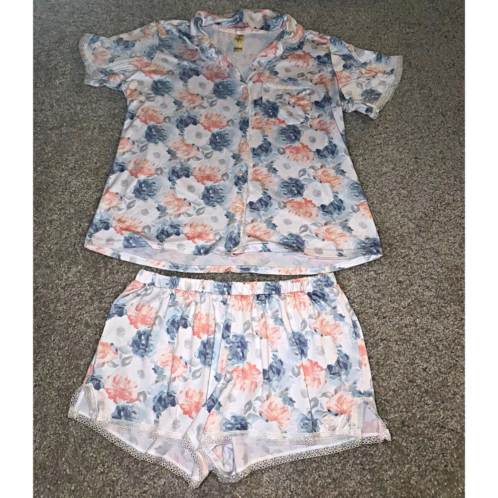 Jessica Simpson Floral Collared Button Lace Knit Pajama Set Shorts M